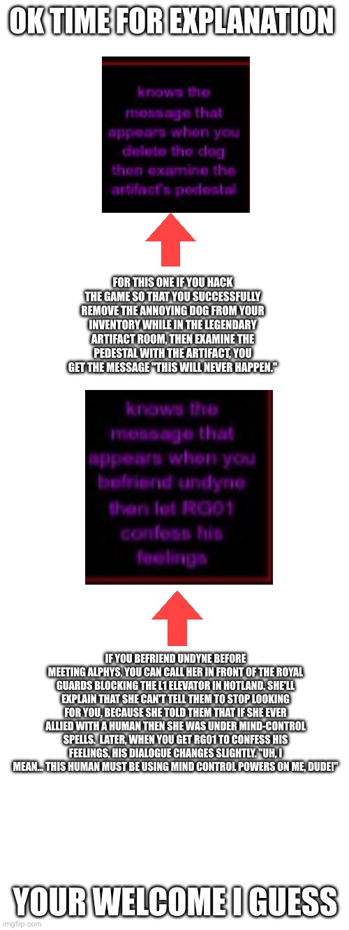 OK TIME FOR EXPLANATION; FOR THIS ONE IF YOU HACK THE GAME SO THAT YOU SUCCESSFULLY REMOVE THE ANNOYING DOG FROM YOUR INVENTORY WHILE IN THE LEGENDARY ARTIFACT ROOM, THEN EXAMINE THE PEDESTAL WITH THE ARTIFACT, YOU GET THE MESSAGE "THIS WILL NEVER HAPPEN."; IF YOU BEFRIEND UNDYNE BEFORE MEETING ALPHYS, YOU CAN CALL HER IN FRONT OF THE ROYAL GUARDS BLOCKING THE L1 ELEVATOR IN HOTLAND. SHE'LL EXPLAIN THAT SHE CAN'T TELL THEM TO STOP LOOKING FOR YOU, BECAUSE SHE TOLD THEM THAT IF SHE EVER ALLIED WITH A HUMAN THEN SHE WAS UNDER MIND-CONTROL SPELLS.  LATER, WHEN YOU GET RG01 TO CONFESS HIS FEELINGS, HIS DIALOGUE CHANGES SLIGHTLY. "UH, I MEAN... THIS HUMAN MUST BE USING MIND CONTROL POWERS ON ME, DUDE!"; YOUR WELCOME I GUESS | made w/ Imgflip meme maker