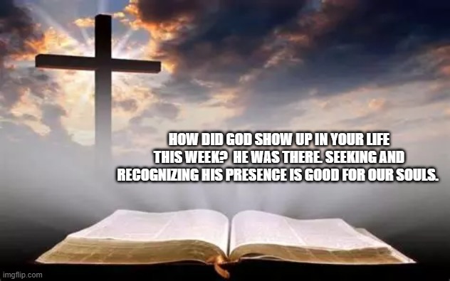 God is our life | HOW DID GOD SHOW UP IN YOUR LIFE THIS WEEK?  HE WAS THERE. SEEKING AND RECOGNIZING HIS PRESENCE IS GOOD FOR OUR SOULS. | image tagged in peace,god,soul | made w/ Imgflip meme maker