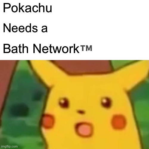 Surprised Pikachu | Pokachu; Needs a; Bath Network™️ | image tagged in memes,surprised pikachu | made w/ Imgflip meme maker