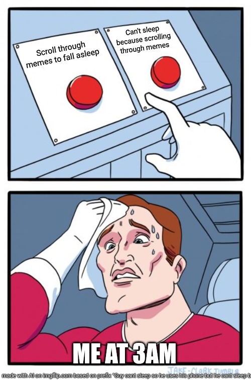 Why this is so relatable ? | Can't sleep because scrolling through memes; Scroll through memes to fall asleep; ME AT 3AM | image tagged in memes,two buttons | made w/ Imgflip meme maker