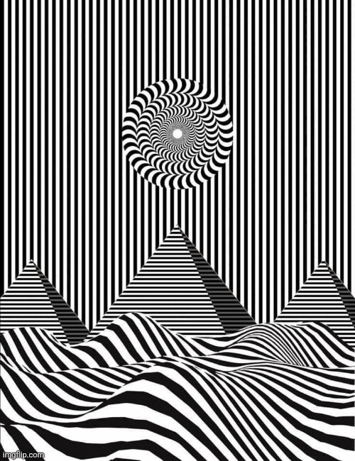 Optical Disallusion | image tagged in black and white,optical illusion,pyramids,ouch,my eyes | made w/ Imgflip meme maker