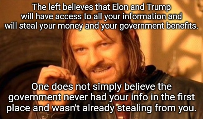 Democrats and leftists are desperate. They really are unhinged buffoons who'll stop at nothing to keep their power over you. | The left believes that Elon and Trump will have access to all your information and will steal your money and your government benefits. One does not simply believe the government never had your info in the first place and wasn't already stealing from you. | image tagged in memes,one does not simply,democrats,evil | made w/ Imgflip meme maker