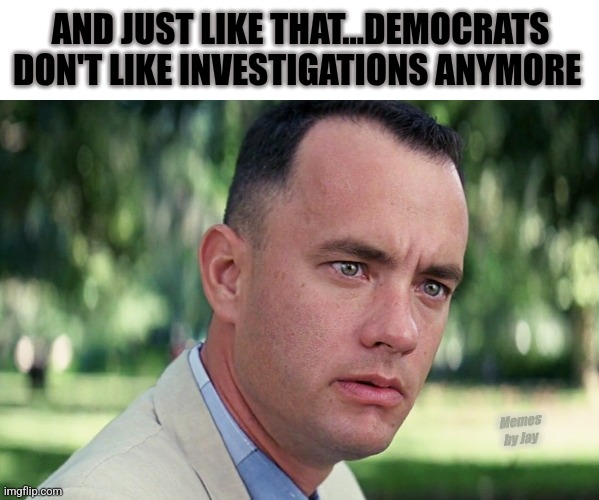 Imagine | AND JUST LIKE THAT...DEMOCRATS DON'T LIKE INVESTIGATIONS ANYMORE; Memes by Jay | image tagged in and just like that,politics,doge,democrats,investigation | made w/ Imgflip meme maker