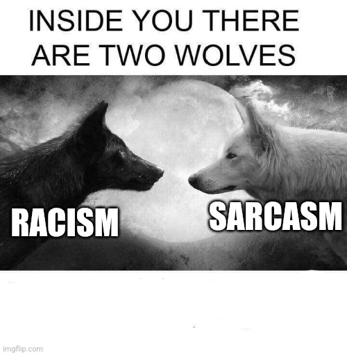 Inside you there are two wolves | RACISM; SARCASM | image tagged in inside you there are two wolves | made w/ Imgflip meme maker