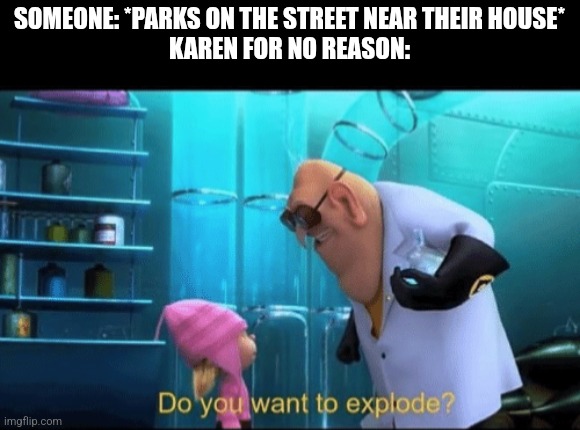 Throwing a tantrum for the dumbest reason and there's numerous videos of this | SOMEONE: *PARKS ON THE STREET NEAR THEIR HOUSE*
KAREN FOR NO REASON: | image tagged in do you want to explode,memes,karens,street,parking | made w/ Imgflip meme maker