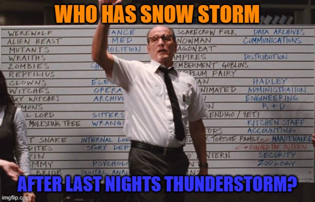 Oh that KY winter weather... | WHO HAS SNOW STORM; AFTER LAST NIGHTS THUNDERSTORM? | image tagged in cabin the the woods | made w/ Imgflip meme maker