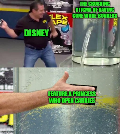 That's so Crazy it Just Might Work | THE CRUSHING STIGMA OF HAVING GONE WOKE-BONKERS; DISNEY; FEATURE A PRINCESS WHO OPEN CARRIES | image tagged in flex tape,open carry | made w/ Imgflip meme maker