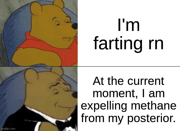 Tuxedo Winnie The Pooh Meme | I'm farting rn; At the current moment, I am expelling methane from my posterior. | image tagged in memes,tuxedo winnie the pooh | made w/ Imgflip meme maker