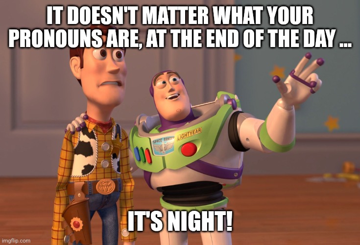 At the end of the day it's night | IT DOESN'T MATTER WHAT YOUR PRONOUNS ARE, AT THE END OF THE DAY ... IT'S NIGHT! | image tagged in memes,x x everywhere,pronouns,lgbtq | made w/ Imgflip meme maker