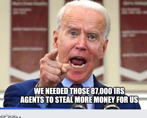 Joe Biden no malarkey | WE NEEDED THOSE 87,000 IRS AGENTS TO STEAL MORE MONEY FOR US | image tagged in joe biden no malarkey | made w/ Imgflip meme maker