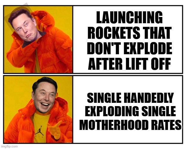 Drake yes/no | LAUNCHING ROCKETS THAT DON'T EXPLODE AFTER LIFT OFF; SINGLE HANDEDLY EXPLODING SINGLE MOTHERHOOD RATES | image tagged in drake yes/no,musk,baby momma,rocket | made w/ Imgflip meme maker