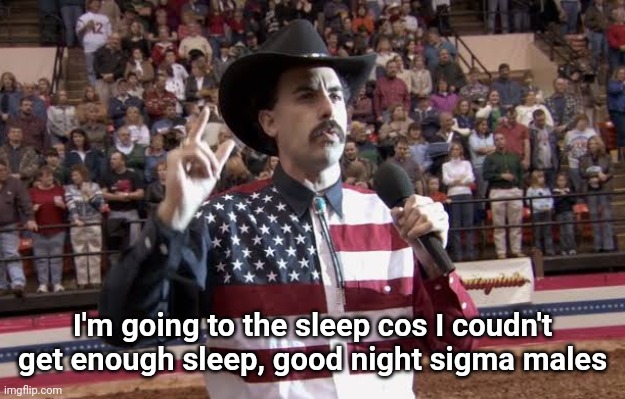 Borat in America flag shirt | I'm going to the sleep cos I coudn't get enough sleep, good night sigma males | image tagged in borat in america flag shirt | made w/ Imgflip meme maker