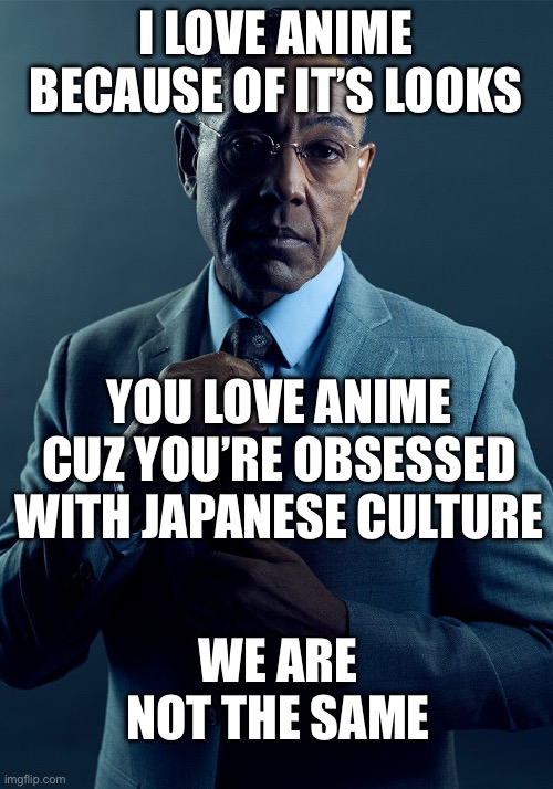 Gus Fring we are not the same | I LOVE ANIME BECAUSE OF IT’S LOOKS; YOU LOVE ANIME CUZ YOU’RE OBSESSED WITH JAPANESE CULTURE; WE ARE NOT THE SAME | image tagged in gus fring we are not the same | made w/ Imgflip meme maker