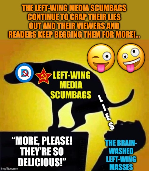 The left-wing media crapfest continues… | THE LEFT-WING MEDIA SCUMBAGS CONTINUE TO CRAP THEIR LIES OUT AND THEIR VIEWERS AND READERS KEEP BEGGING THEM FOR MORE!…; 😜🤪 | image tagged in biased media | made w/ Imgflip meme maker