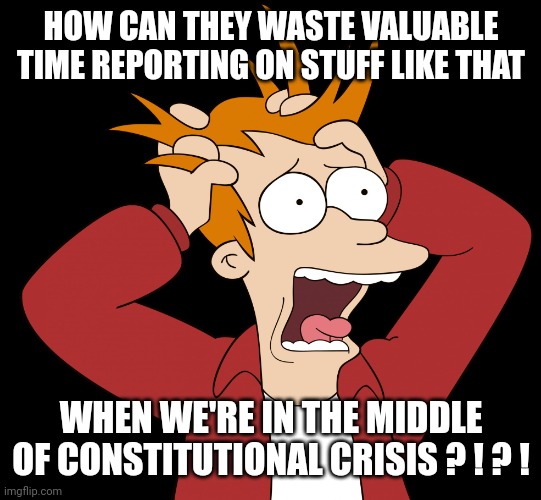 Futurama Fry Screaming | HOW CAN THEY WASTE VALUABLE TIME REPORTING ON STUFF LIKE THAT WHEN WE'RE IN THE MIDDLE OF CONSTITUTIONAL CRISIS ? ! ? ! | image tagged in futurama fry screaming | made w/ Imgflip meme maker