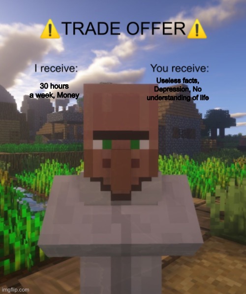 School | Useless facts, Depression, No understanding of life; 30 hours a week, Money | image tagged in villager trade offer | made w/ Imgflip meme maker