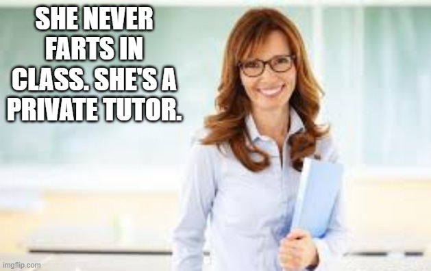 memes by Brad - Funny fart meme - The teacher is a private "tutor" - | SHE NEVER FARTS IN CLASS. SHE'S A PRIVATE TUTOR. | image tagged in funny,fun,play on words,fart jokes,teacher meme,humor | made w/ Imgflip meme maker