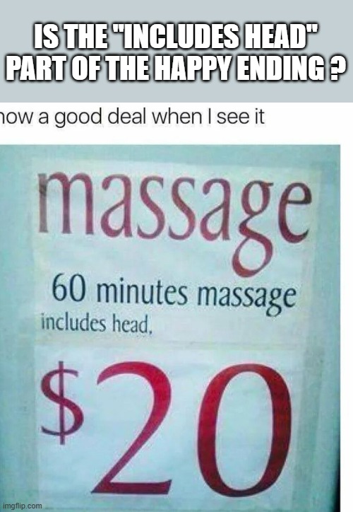 memes by Brad - Funny massage add for $20. Exactly what do you get ? | IS THE "INCLUDES HEAD" PART OF THE HAPPY ENDING ? | image tagged in funny,fun,massage,add,humor | made w/ Imgflip meme maker