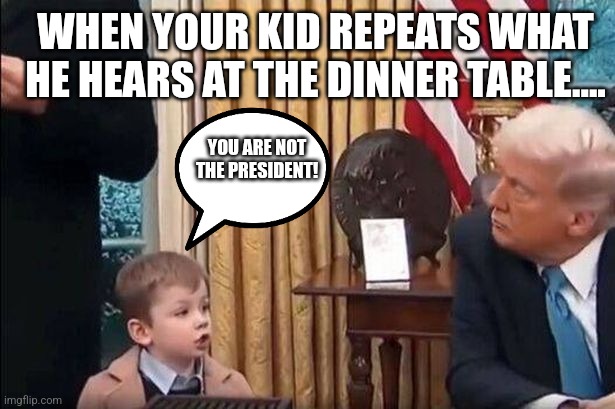 Musk kid | WHEN YOUR KID REPEATS WHAT HE HEARS AT THE DINNER TABLE.... YOU ARE NOT THE PRESIDENT! | image tagged in elon musk,donald trump,trump,nevertrump,nevertrump meme,maga | made w/ Imgflip meme maker