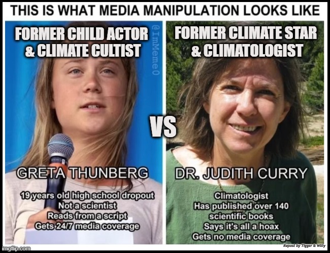 VS; FORMER CLIMATE STAR 
& CLIMATOLOGIST; FORMER CHILD ACTOR 
& CLIMATE CULTIST; Repost by Tigger & Willy | made w/ Imgflip meme maker