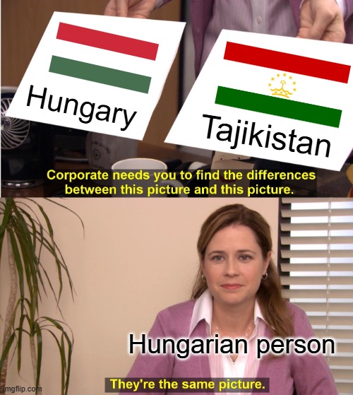 When a Hungarian person doesn't know the difference between the flags of Hungary and Tajikistan | Hungary; Tajikistan; Hungarian person | image tagged in memes,they're the same picture,hungary,tajikistan,flag,funny | made w/ Imgflip meme maker