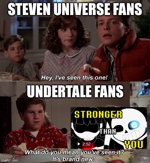 this song belongs to undertale at this point | STEVEN UNIVERSE FANS; UNDERTALE FANS | image tagged in hey i've seen this one | made w/ Imgflip meme maker