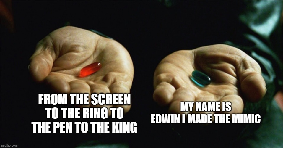 you can only choose one. | FROM THE SCREEN TO THE RING TO THE PEN TO THE KING; MY NAME IS EDWIN I MADE THE MIMIC | image tagged in red pill blue pill,ksi,lunchly,fnaf,you can pick only one choose wisely | made w/ Imgflip meme maker