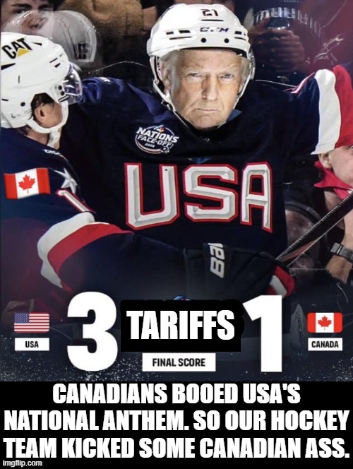 Kicked Canadian Ass!! | TARIFFS; CANADIANS BOOED USA'S NATIONAL ANTHEM. SO OUR HOCKEY TEAM KICKED SOME CANADIAN ASS. | image tagged in america vs canada,blame canada | made w/ Imgflip meme maker