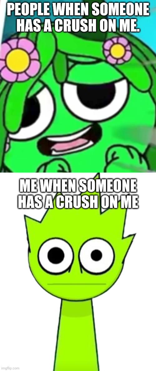 PEOPLE WHEN SOMEONE HAS A CRUSH ON ME. ME WHEN SOMEONE HAS A CRUSH ON ME | image tagged in freaky vineria face,crazy owakcx lime | made w/ Imgflip meme maker