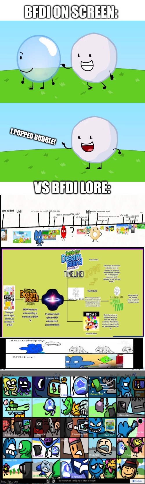 bfb dudee | BFDI ON SCREEN:; I POPPED BUBBLE! VS BFDI LORE: | image tagged in bfb,meme,lol,lore | made w/ Imgflip meme maker