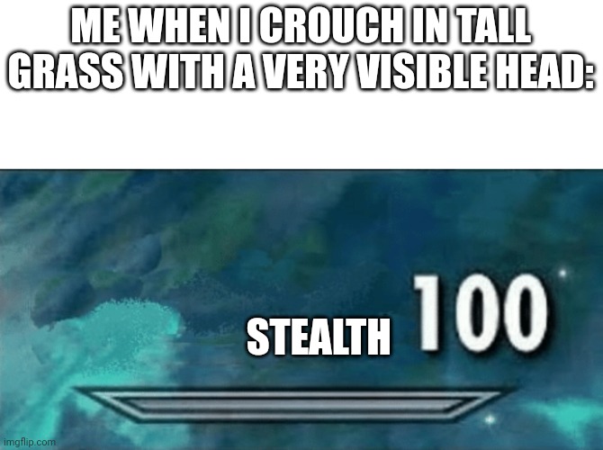 Seriously though | ME WHEN I CROUCH IN TALL GRASS WITH A VERY VISIBLE HEAD:; STEALTH | image tagged in skyrim skill meme | made w/ Imgflip meme maker