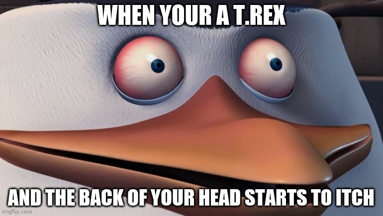 anyone who watched "meet the robinsons" will understand | WHEN YOUR A T.REX; AND THE BACK OF YOUR HEAD STARTS TO ITCH | image tagged in penguins of madagascar skipper red eyes | made w/ Imgflip meme maker