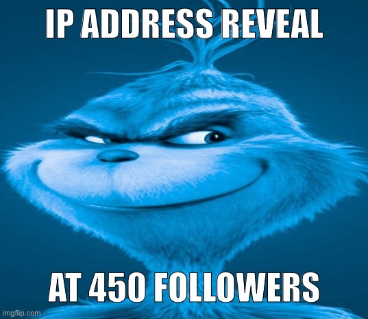 I'd suggest you'd follow up | IP ADDRESS REVEAL; AT 450 FOLLOWERS | image tagged in blue grinch | made w/ Imgflip meme maker