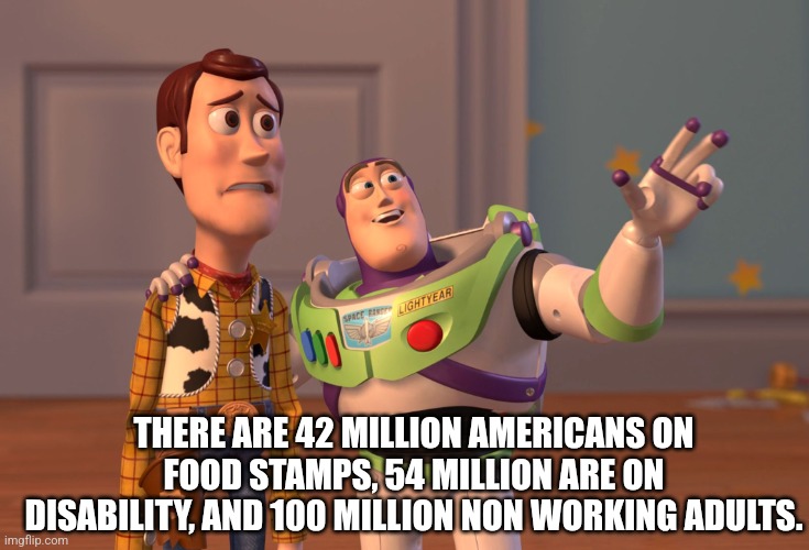 Where does my tax money go? | THERE ARE 42 MILLION AMERICANS ON FOOD STAMPS, 54 MILLION ARE ON DISABILITY, AND 100 MILLION NON WORKING ADULTS. | image tagged in memes,x x everywhere | made w/ Imgflip meme maker