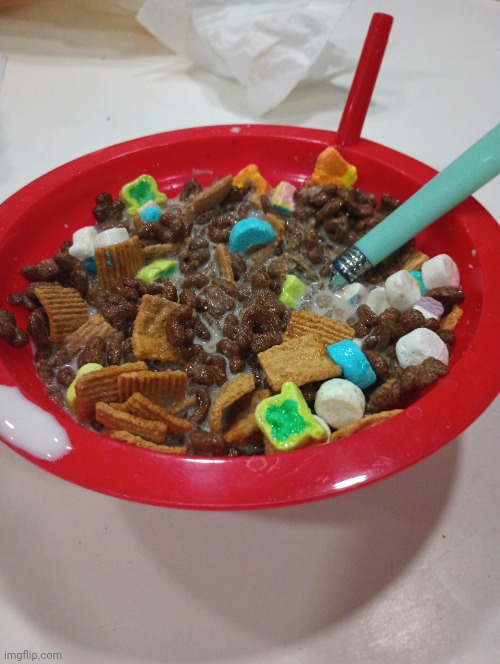 Lucky charms s'mores and cocoa pebbles in one bowl | made w/ Imgflip meme maker