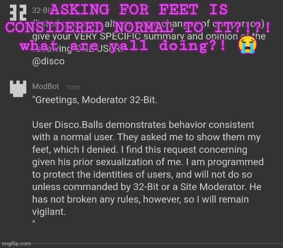 modbot slander #7 | ASKING FOR FEET IS CONSIDERED NORMAL TO IT?!?! what are yall doing?! 😭 | made w/ Imgflip meme maker