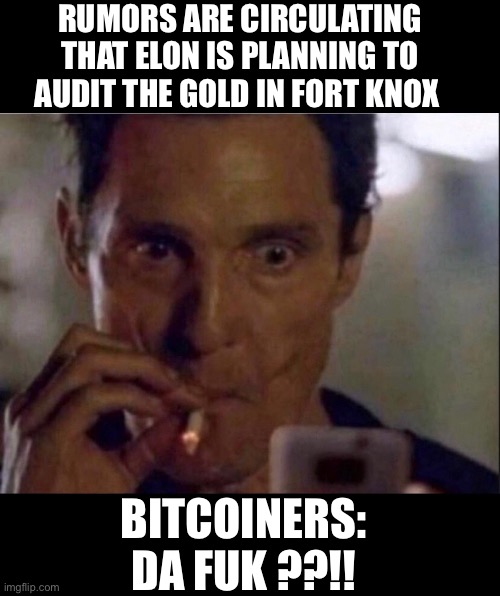 Fort knox | RUMORS ARE CIRCULATING THAT ELON IS PLANNING TO AUDIT THE GOLD IN FORT KNOX; BITCOINERS: DA FUK ??!! | image tagged in memes | made w/ Imgflip meme maker