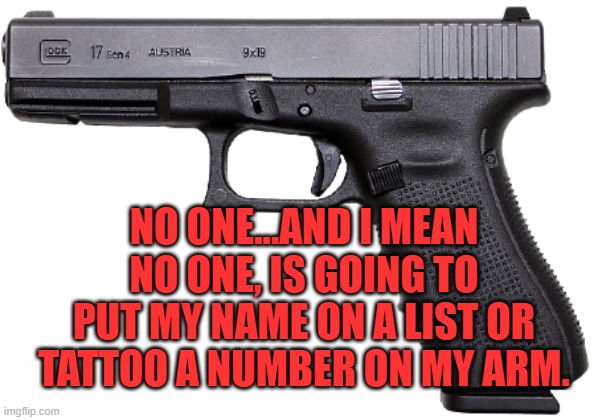 Glock | NO ONE...AND I MEAN NO ONE, IS GOING TO PUT MY NAME ON A LIST OR TATTOO A NUMBER ON MY ARM. | image tagged in glock | made w/ Imgflip meme maker