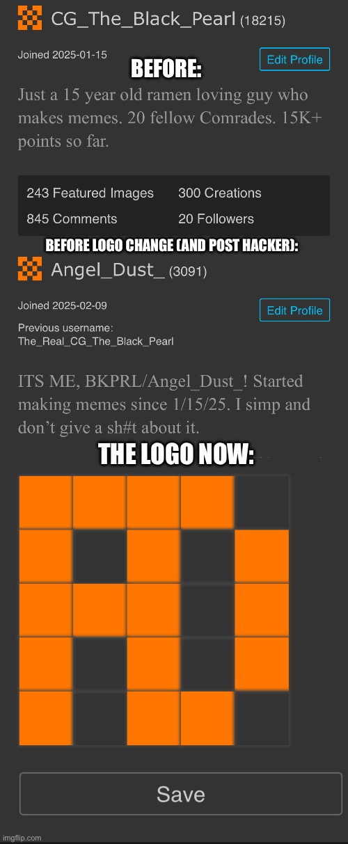 Current logo history of CG_The_Black_Pearl/Angel_Dust_ | BEFORE:; BEFORE LOGO CHANGE (AND POST HACKER):; THE LOGO NOW: | image tagged in memes | made w/ Imgflip meme maker