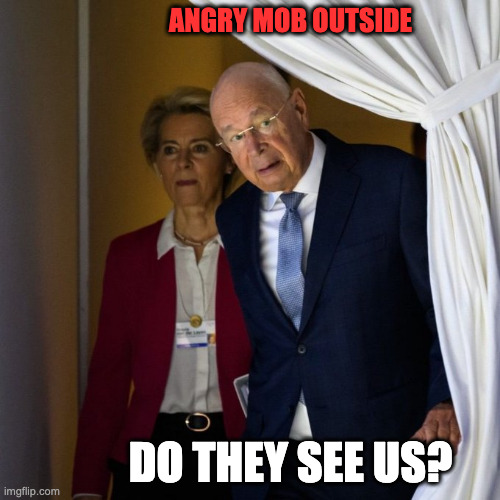 Schwab / von der Leyen | ANGRY MOB OUTSIDE; DO THEY SEE US? | image tagged in schwab / von der leyen | made w/ Imgflip meme maker