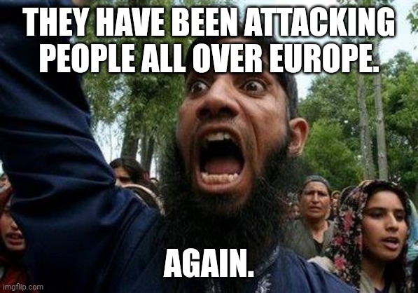 Just because I criticize Jews, doesn't mean I don't hate Muslims, too. They hate ME, Politics Mod. Don't stick up for them. | THEY HAVE BEEN ATTACKING PEOPLE ALL OVER EUROPE. AGAIN. | image tagged in angry muslim | made w/ Imgflip meme maker