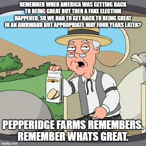 REMEMBER TRUMP | REMEMBER WHEN AMERICA WAS GETTING BACK TO BEING GREAT BUT THEN A FAKE ELECTION HAPPENED, SO WE HAD TO GET BACK TO BEING GREAT IN AN AWKWARD BUT APPROPRIATE WAY FOUR YEARS LATER? PEPPERIDGE FARMS REMEMBERS.
REMEMBER WHATS GREAT. | image tagged in memes,pepperidge farm remembers | made w/ Imgflip meme maker