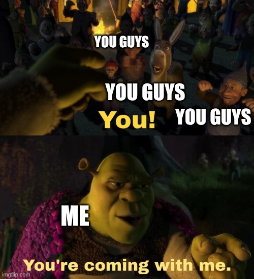 You! You're coming with me | YOU GUYS YOU GUYS YOU GUYS ME | image tagged in you you're coming with me | made w/ Imgflip meme maker