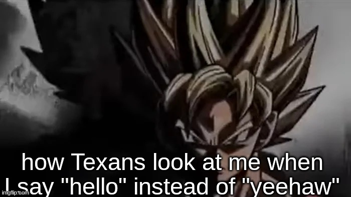 state slander 5 | how Texans look at me when I say "hello" instead of "yeehaw" | image tagged in goku staring | made w/ Imgflip meme maker