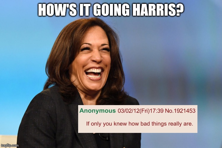 Is she even still alive or did she drink herself to death? | HOW'S IT GOING HARRIS? | image tagged in kamala harris laughing | made w/ Imgflip meme maker