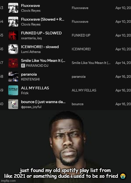 these songs are so MID </3 | just found my old spotify play list from like 2021 or something dude i used to be so fried 😭 | image tagged in kevin hart stare | made w/ Imgflip meme maker