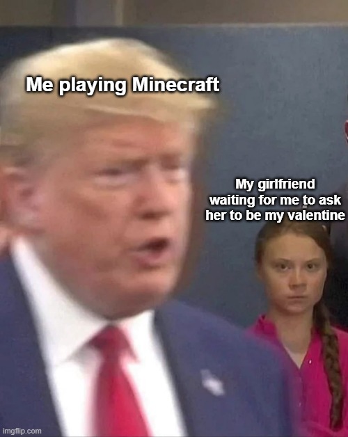 Real | Me playing Minecraft; My girlfriend waiting for me to ask her to be my valentine | image tagged in greta thunberg stares at donald trump | made w/ Imgflip meme maker