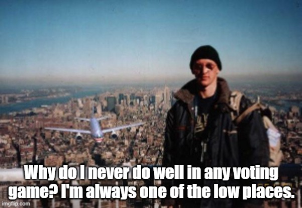 tourist guy | Why do I never do well in any voting game? I'm always one of the low places. | image tagged in tourist guy | made w/ Imgflip meme maker