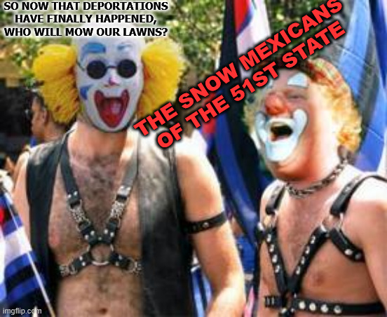 Liberal clowns | SO NOW THAT DEPORTATIONS HAVE FINALLY HAPPENED, WHO WILL MOW OUR LAWNS? THE SNOW MEXICANS OF THE 51ST STATE | made w/ Imgflip meme maker