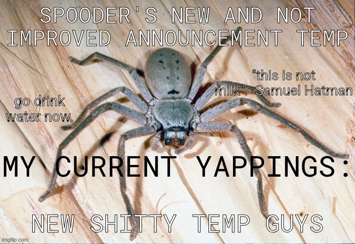 spooder's suck-ass announcement temp | NEW SHITTY TEMP GUYS | image tagged in spooder's suck-ass announcement temp | made w/ Imgflip meme maker